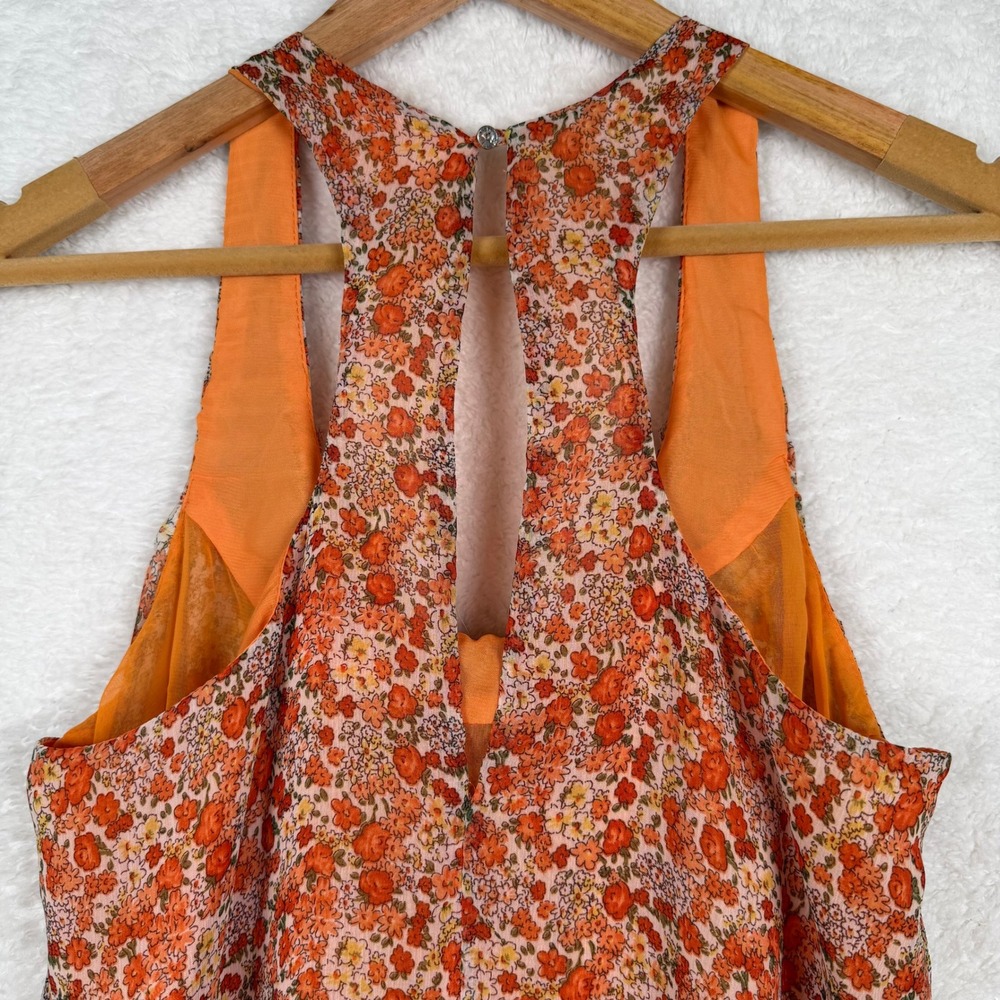 Banana USA Mini Dress‎ Womens Large Orange Floral Ruffle Racerback Boho Festival - Picture 5 of 10